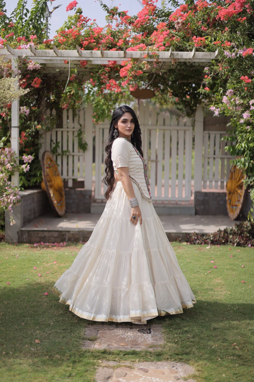 Kora Cotton Navratri Lehenga Choli with Kutchi Patchwork