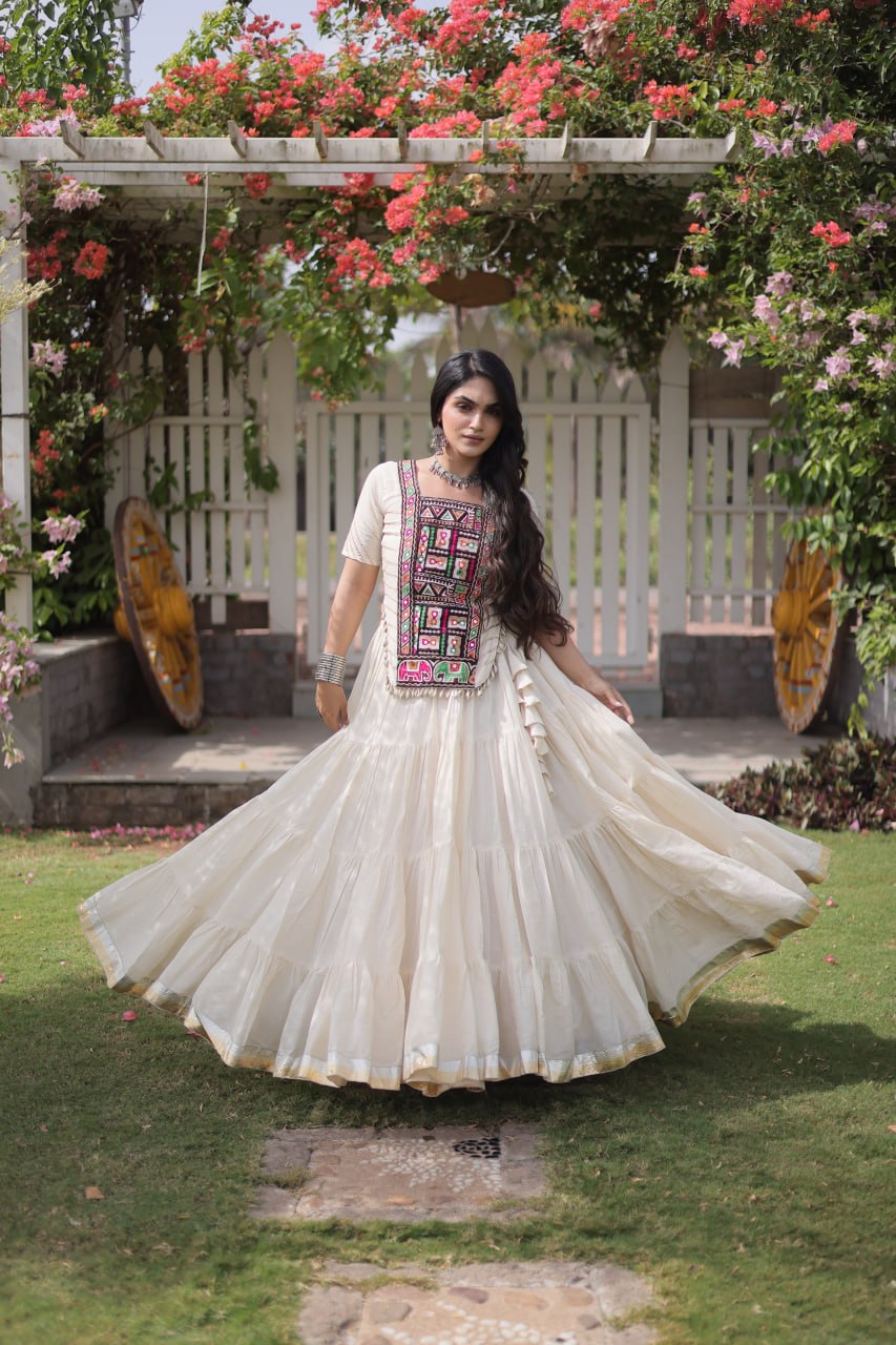 Kora Cotton Navratri Lehenga Choli with Kutchi Patchwork