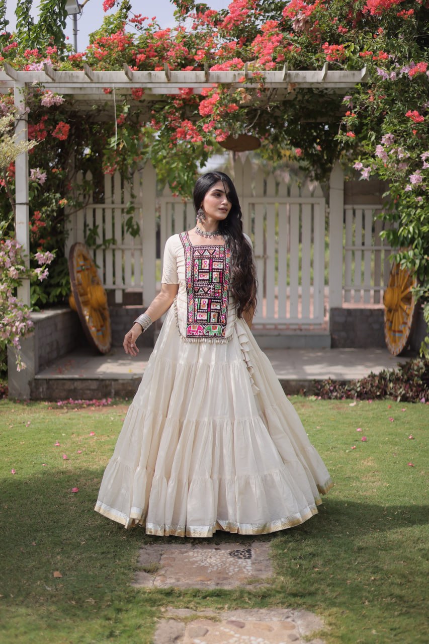 Kora Cotton Navratri Lehenga Choli with Kutchi Patchwork