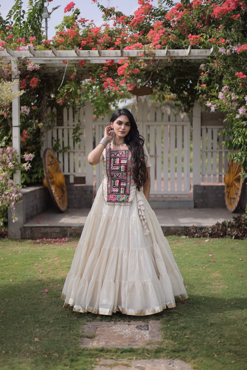 Kora Cotton Navratri Lehenga Choli with Kutchi Patchwork