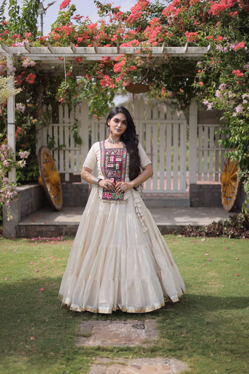 Kora Cotton Navratri Lehenga Choli with Kutchi Patchwork