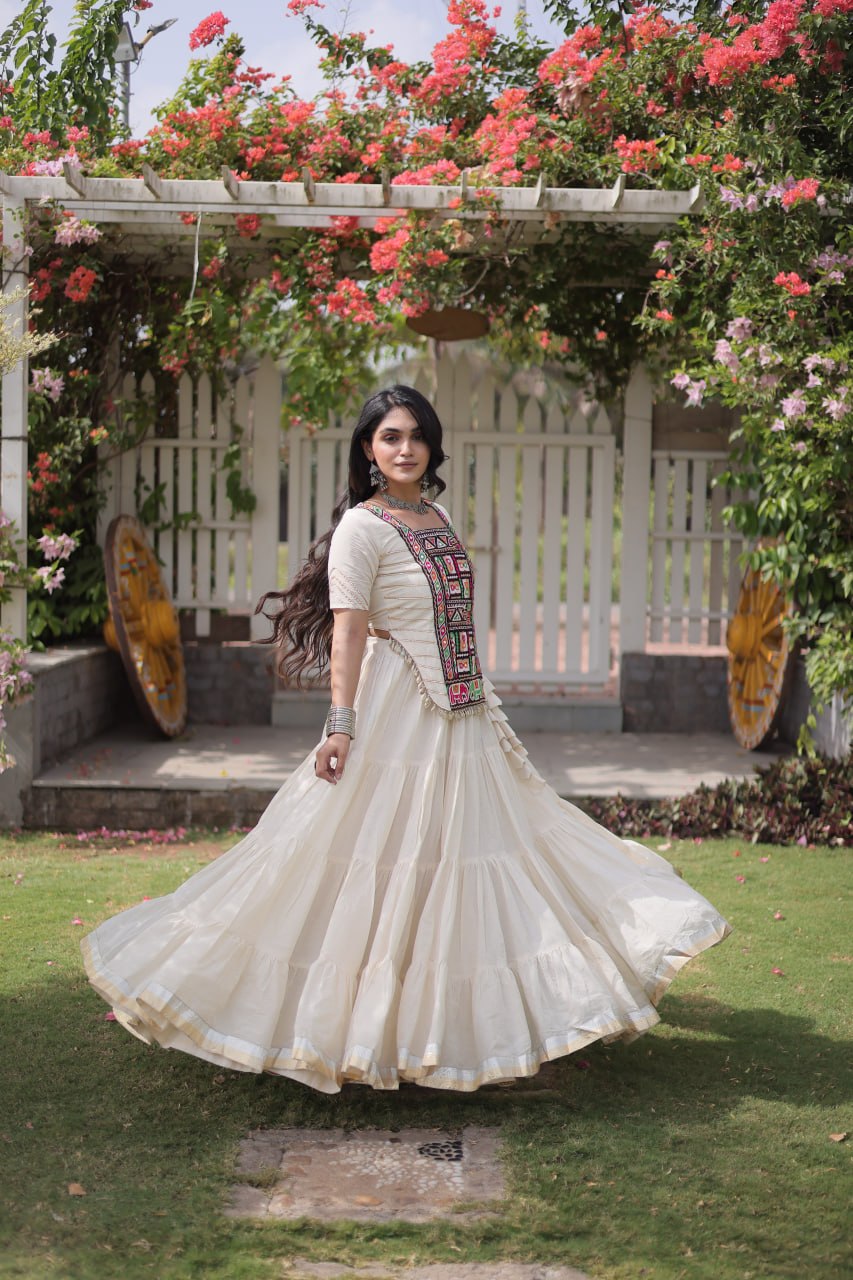 Kora Cotton Navratri Lehenga Choli with Kutchi Patchwork