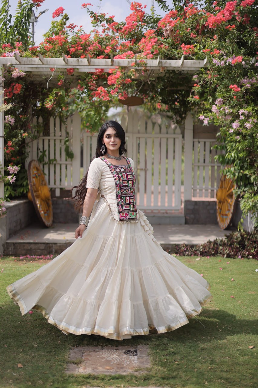 Kora Cotton Navratri Lehenga Choli with Kutchi Patchwork