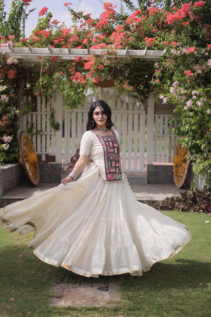 Kora Cotton Navratri Lehenga Choli with Kutchi Patchwork