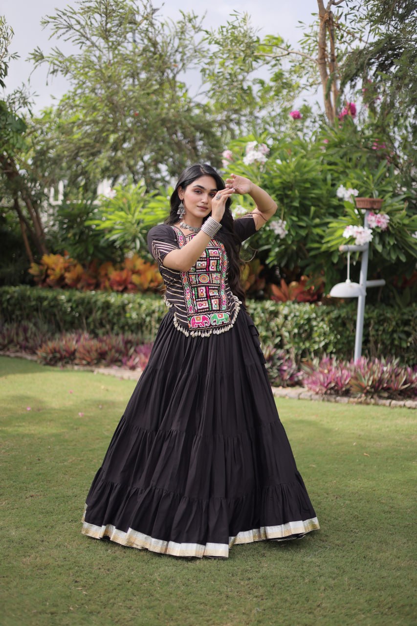 Kora Cotton Navratri Lehenga Choli with Kutchi Patchwork