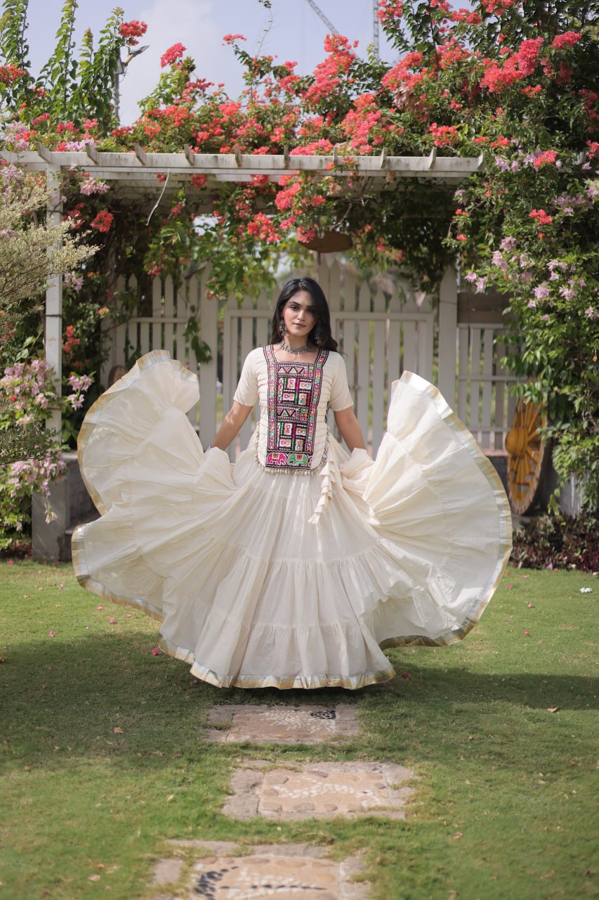Kora Cotton Navratri Lehenga Choli with Kutchi Patchwork