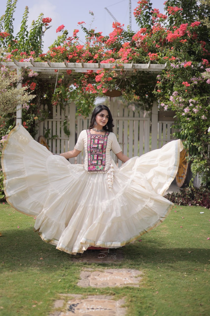 Kora Cotton Navratri Lehenga Choli with Kutchi Patchwork