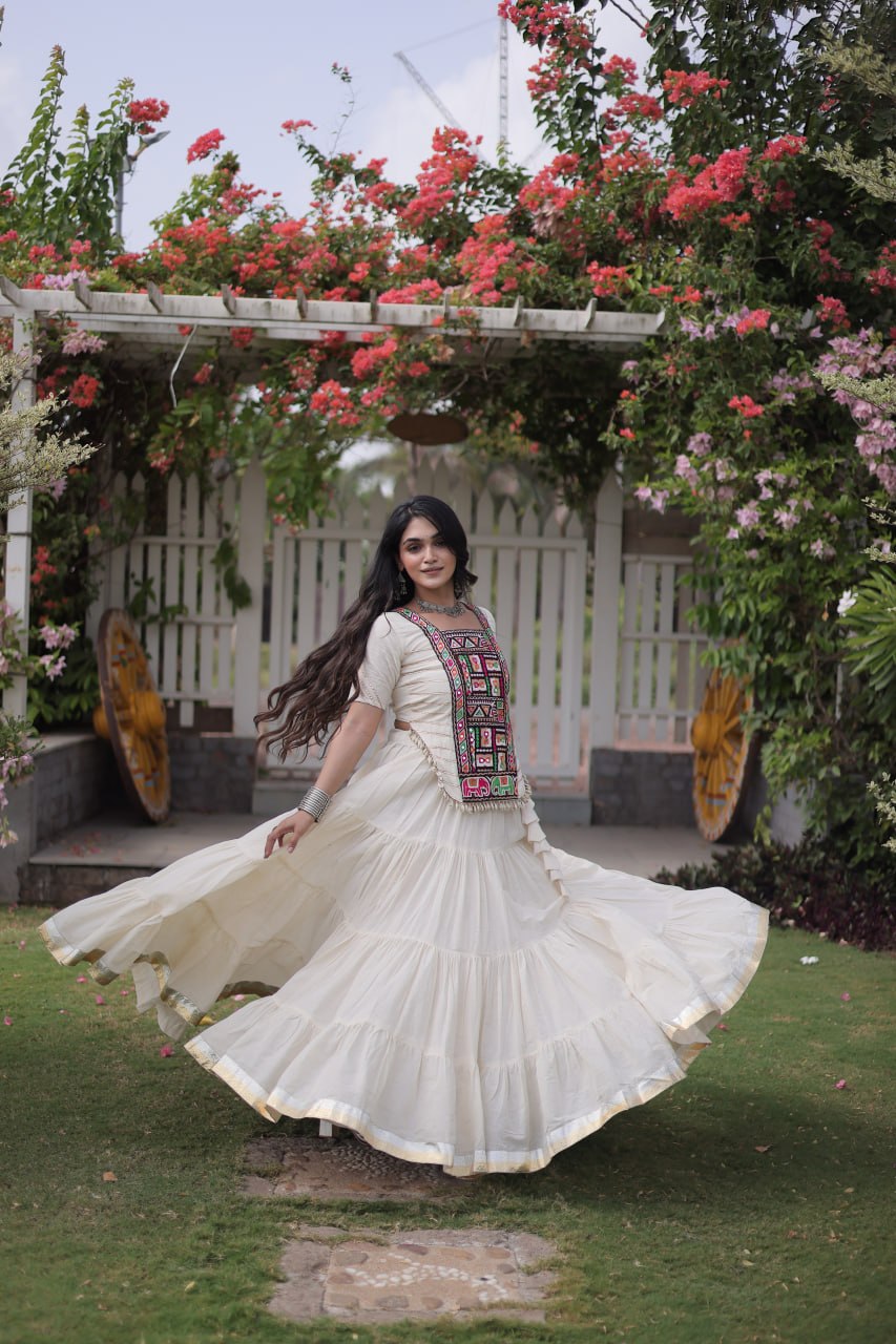 Kora Cotton Navratri Lehenga Choli with Kutchi Patchwork