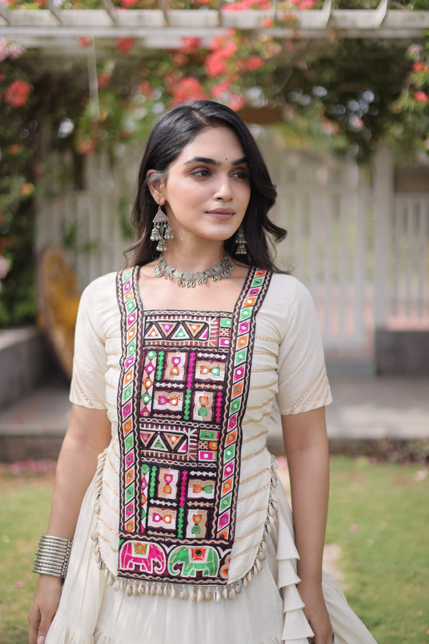 Kora Cotton Navratri Lehenga Choli with Kutchi Patchwork