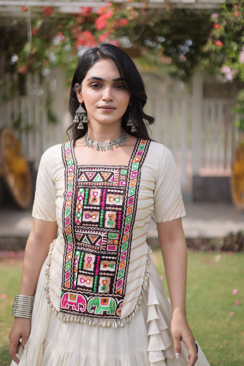 Kora Cotton Navratri Lehenga Choli with Kutchi Patchwork