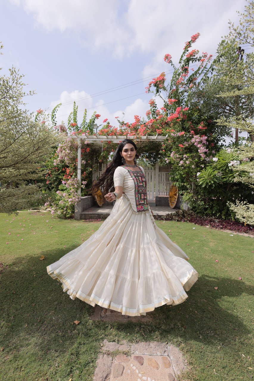 Kora Cotton Navratri Lehenga Choli with Kutchi Patchwork