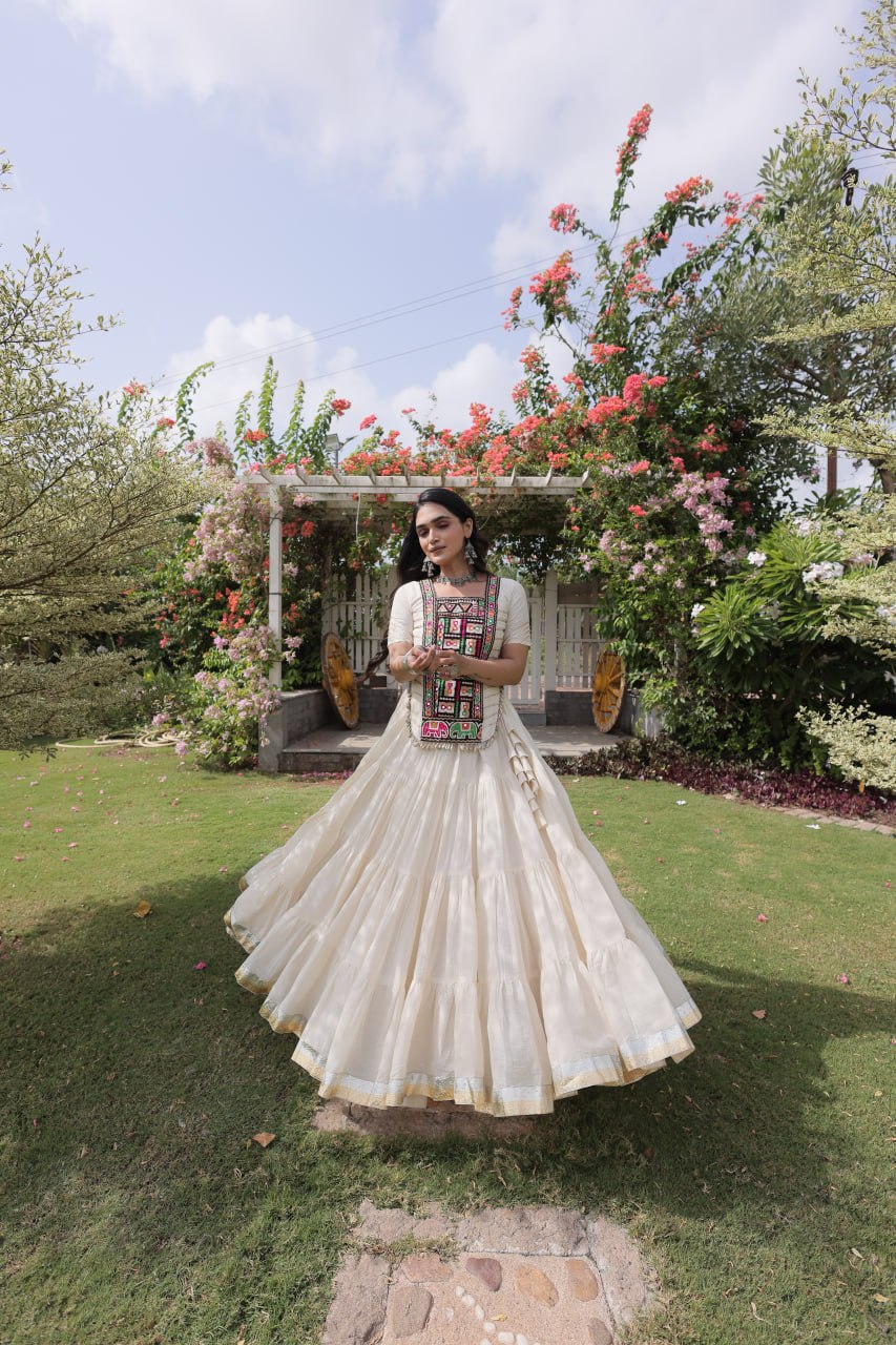 Kora Cotton Navratri Lehenga Choli with Kutchi Patchwork