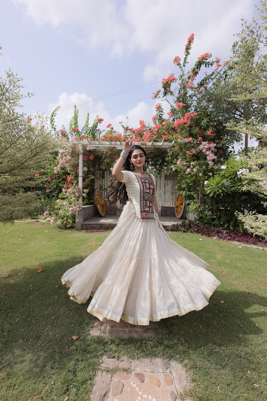 Kora Cotton Navratri Lehenga Choli with Kutchi Patchwork