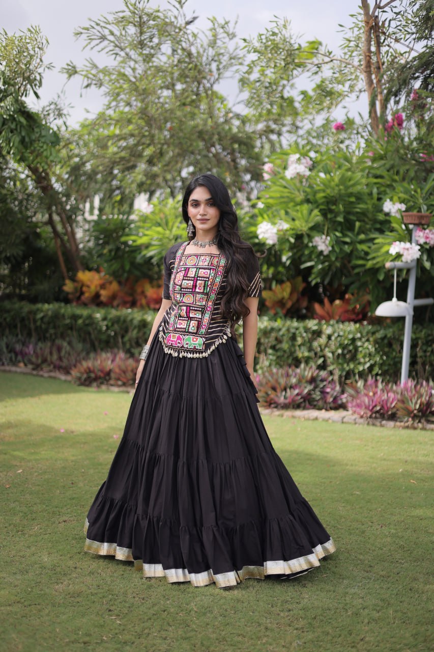 Kora Cotton Navratri Lehenga Choli with Kutchi Patchwork