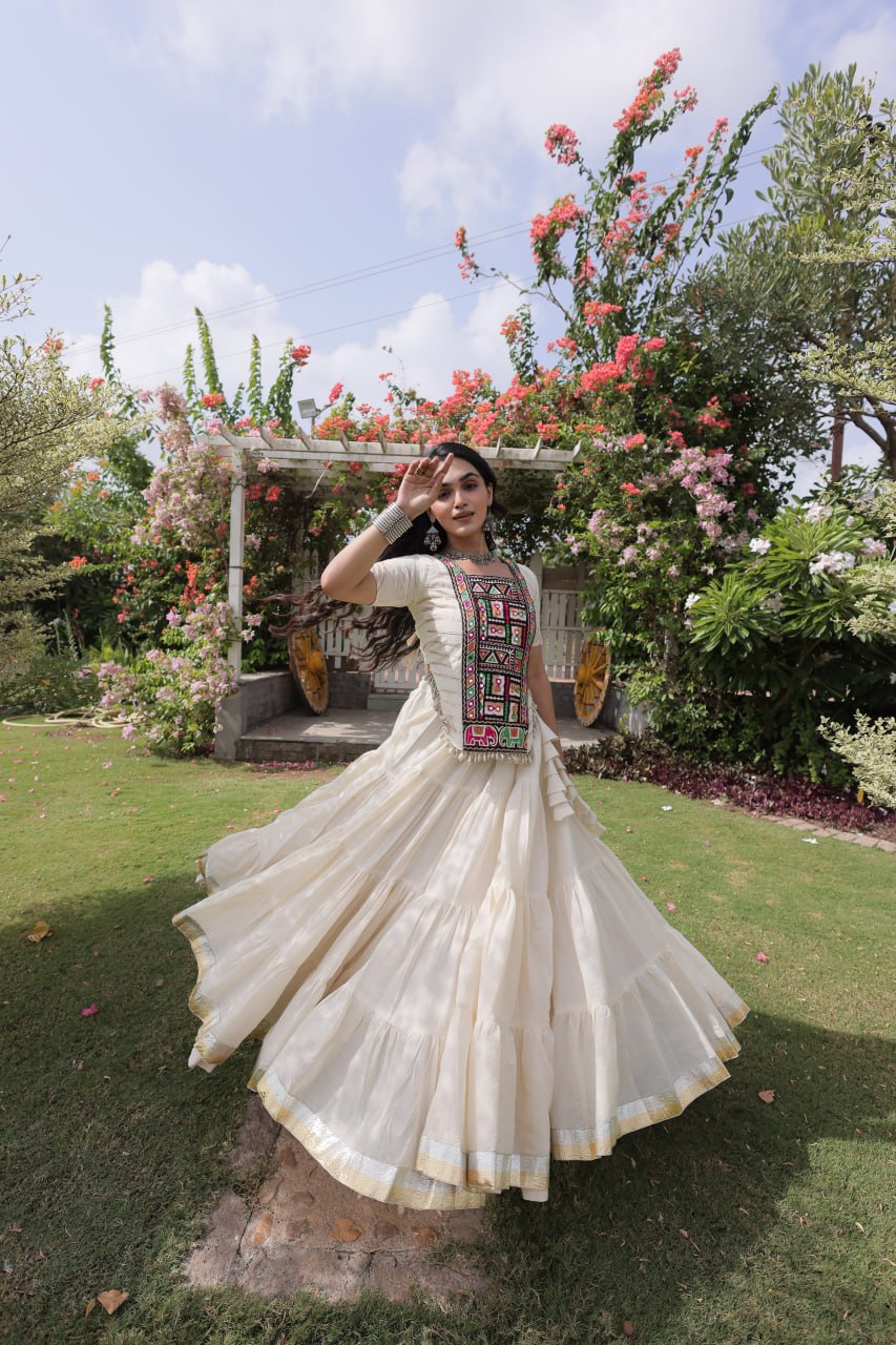 Kora Cotton Navratri Lehenga Choli with Kutchi Patchwork