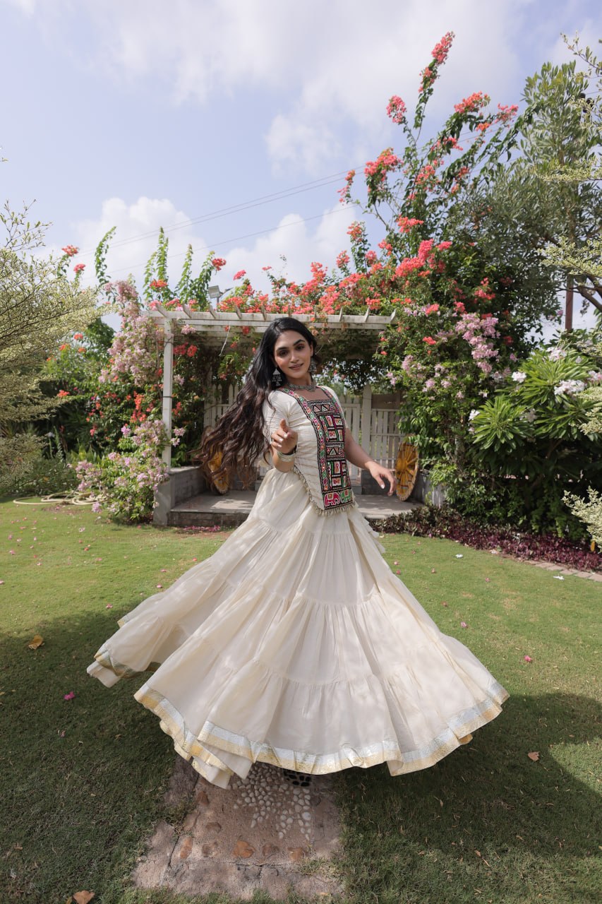 Kora Cotton Navratri Lehenga Choli with Kutchi Patchwork