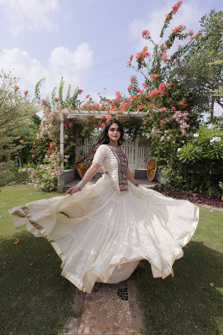 Kora Cotton Navratri Lehenga Choli with Kutchi Patchwork