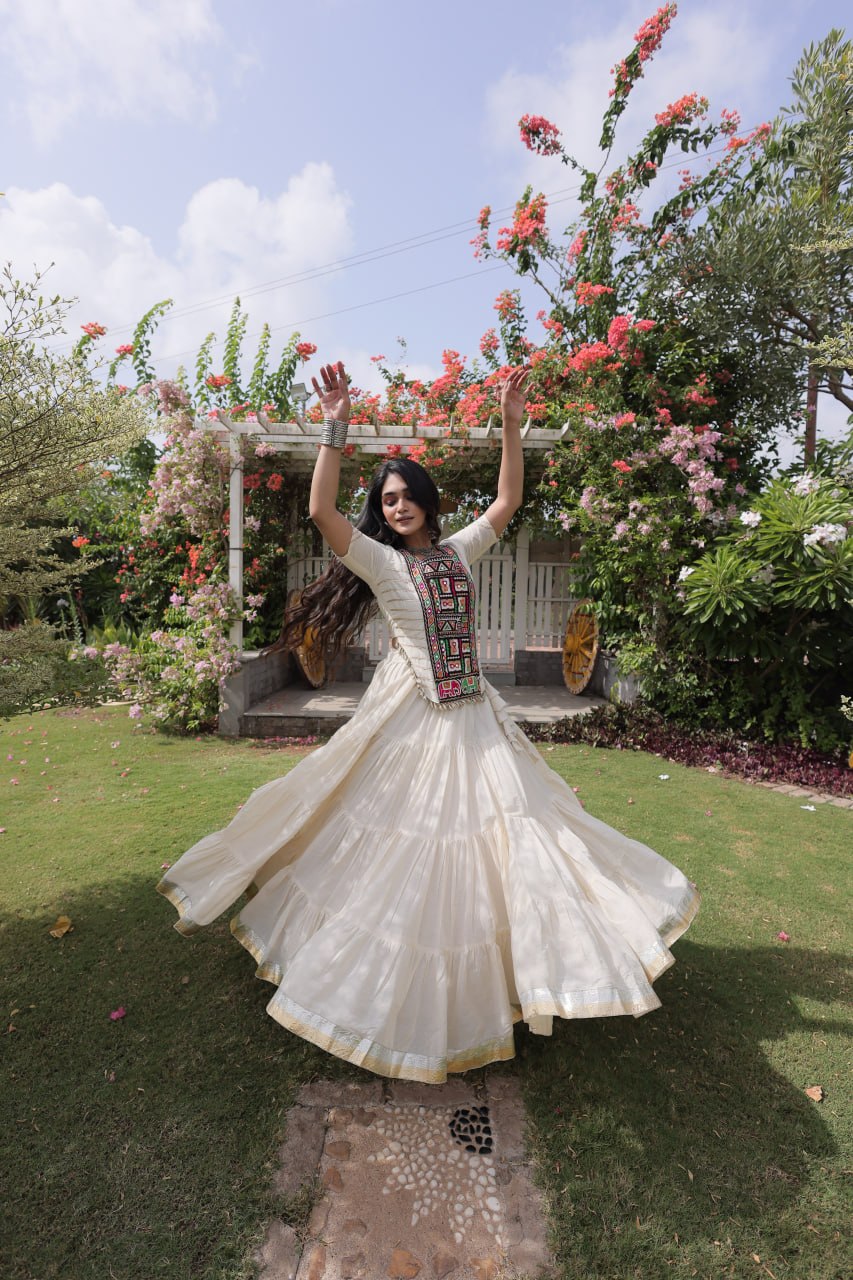 Kora Cotton Navratri Lehenga Choli with Kutchi Patchwork