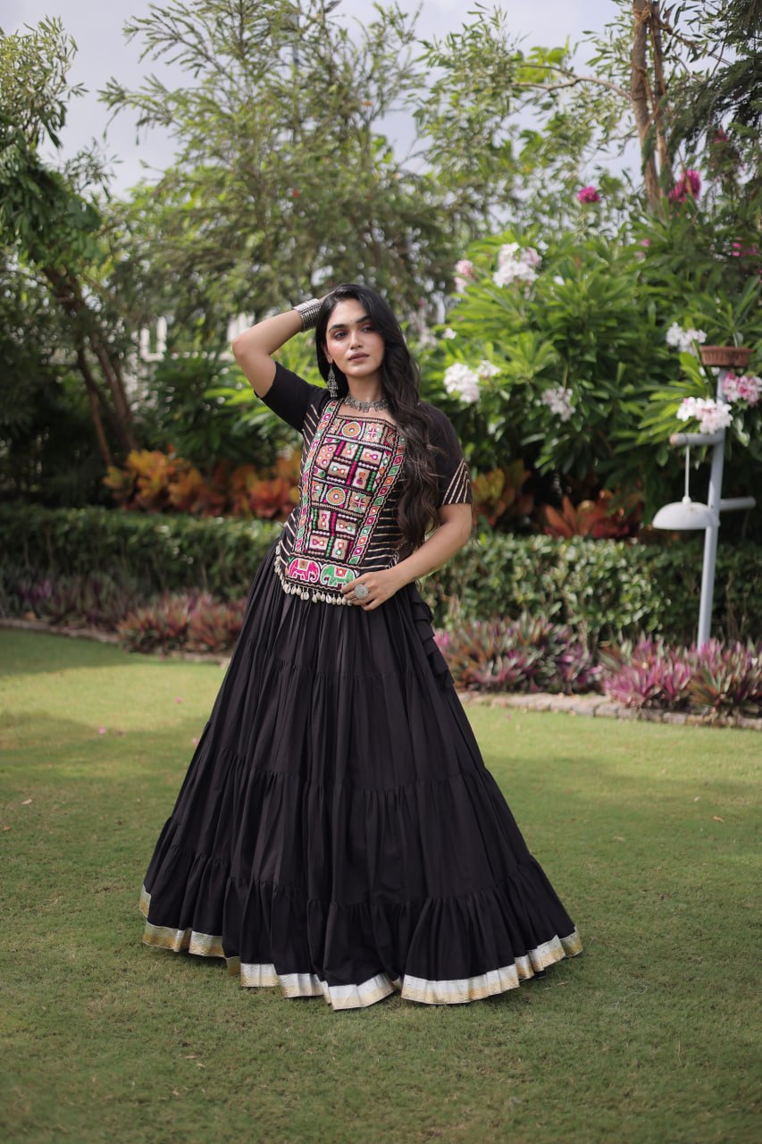 Kora Cotton Navratri Lehenga Choli with Kutchi Patchwork