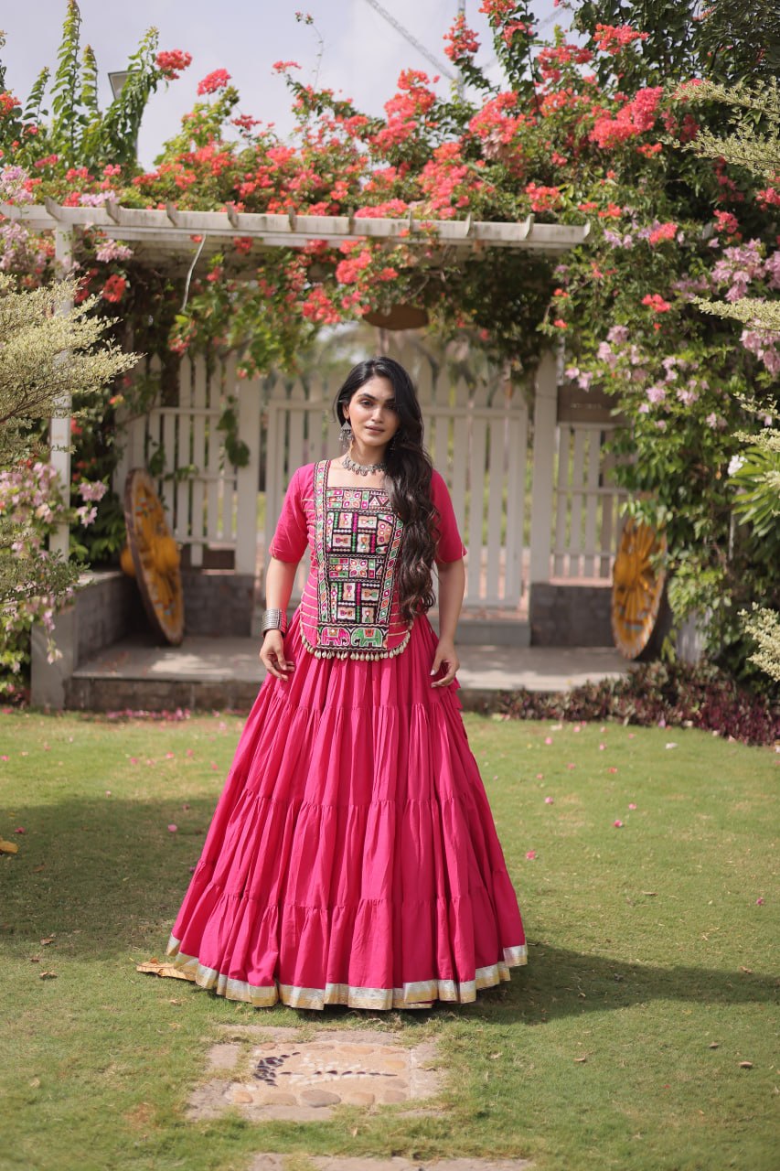 Kora Cotton Navratri Lehenga Choli with Kutchi Patchwork