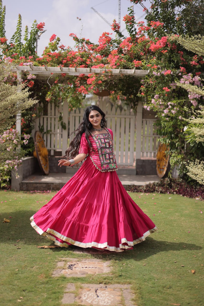 Kora Cotton Navratri Lehenga Choli with Kutchi Patchwork