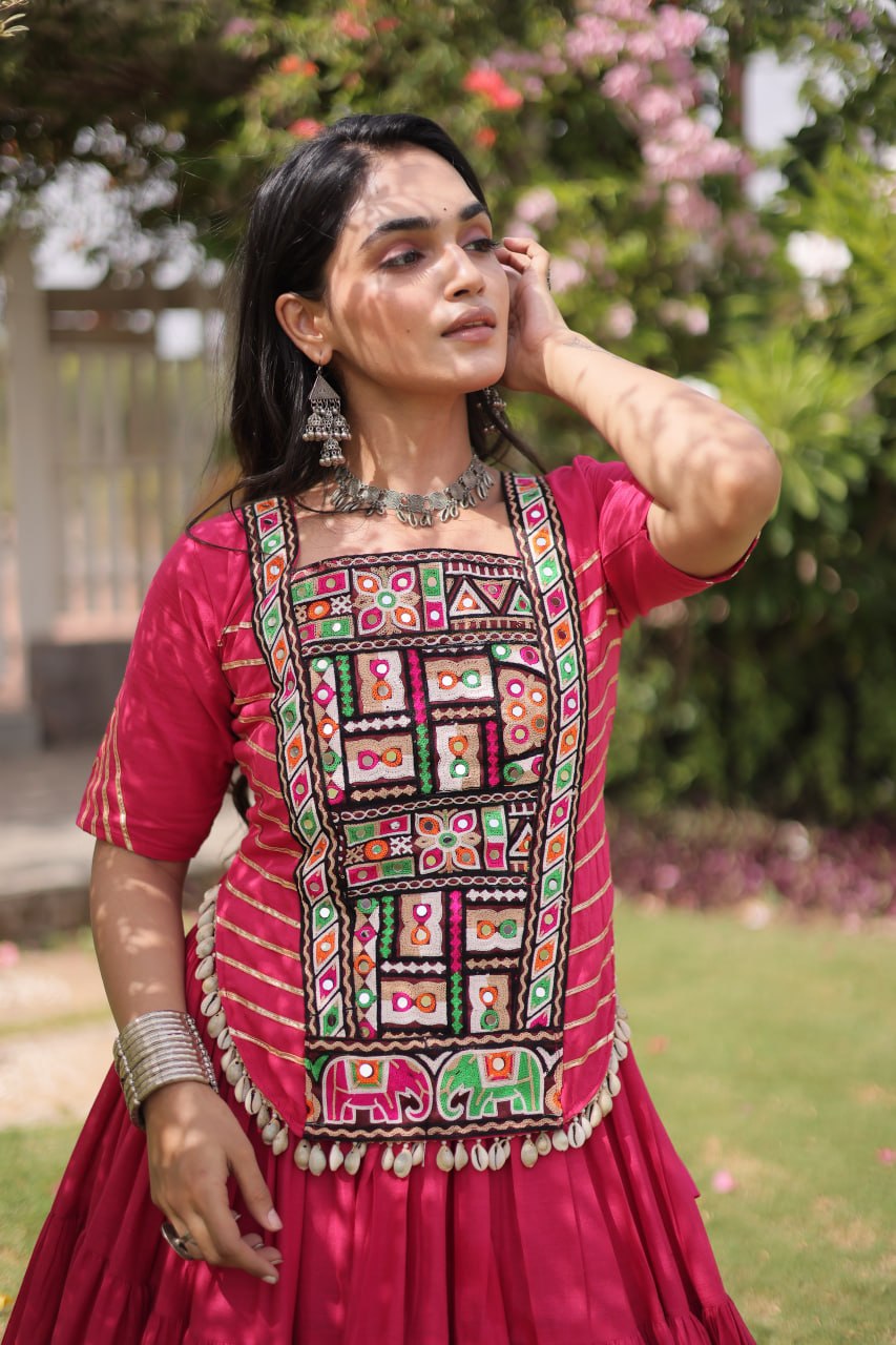 Kora Cotton Navratri Lehenga Choli with Kutchi Patchwork