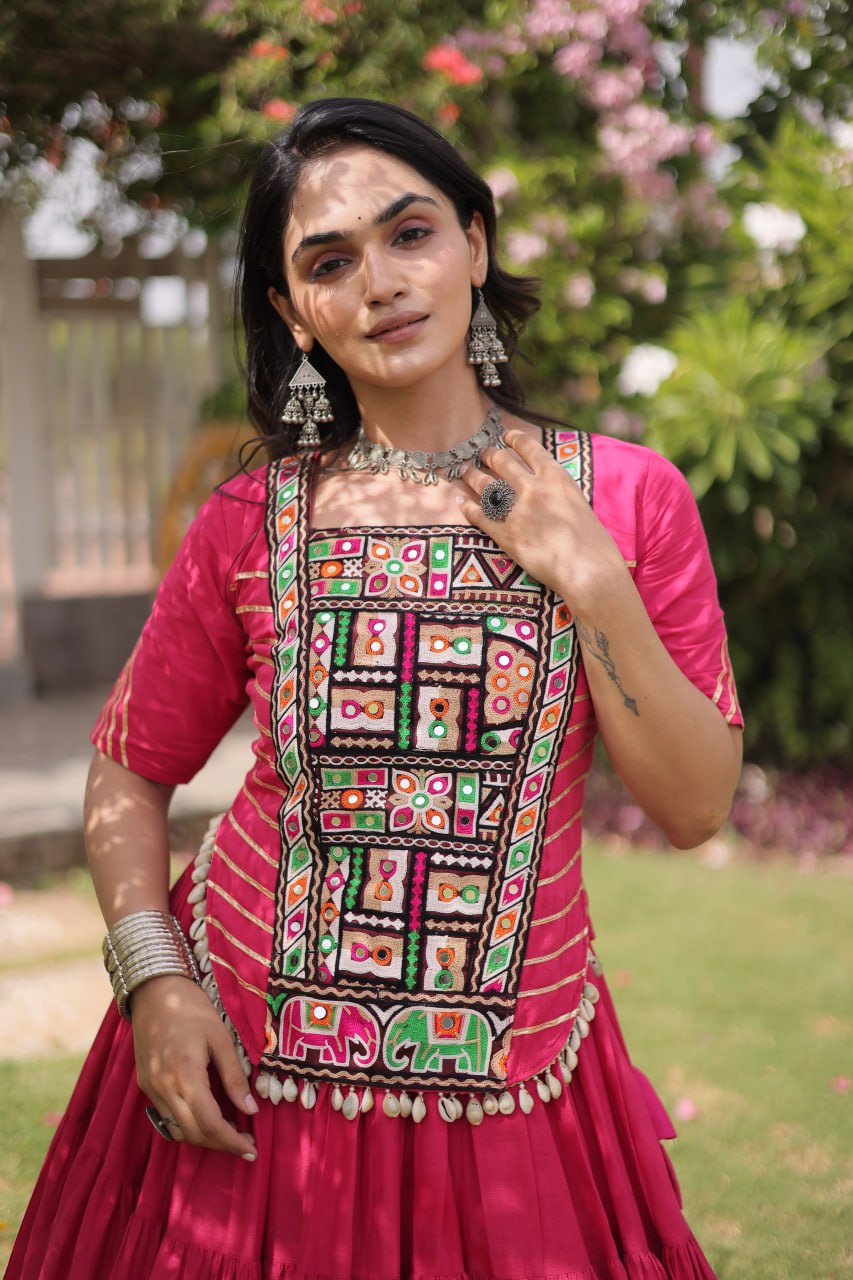 Kora Cotton Navratri Lehenga Choli with Kutchi Patchwork