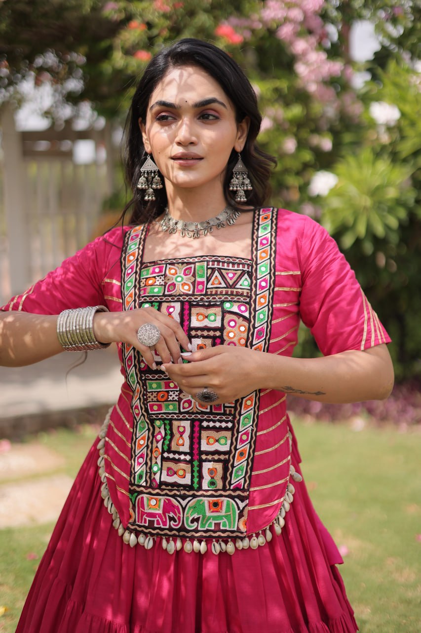 Kora Cotton Navratri Lehenga Choli with Kutchi Patchwork