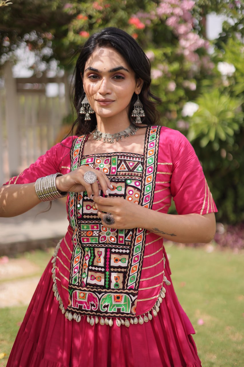 Kora Cotton Navratri Lehenga Choli with Kutchi Patchwork
