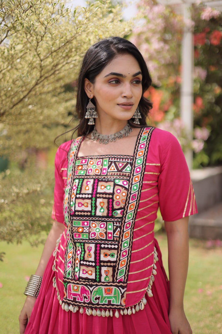 Kora Cotton Navratri Lehenga Choli with Kutchi Patchwork