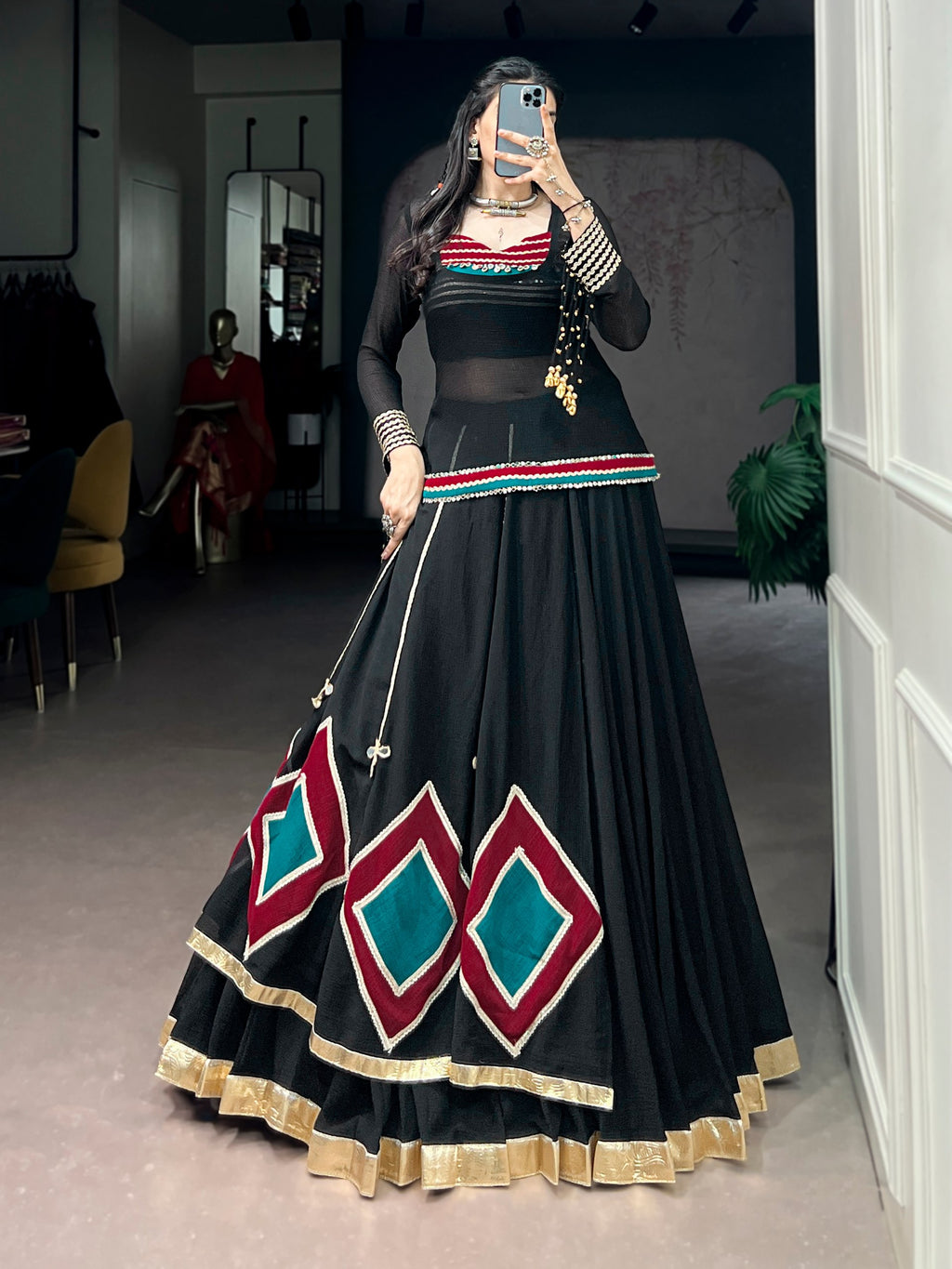 Black Marble Fabric Navratri Lehenga Choli with Tunic