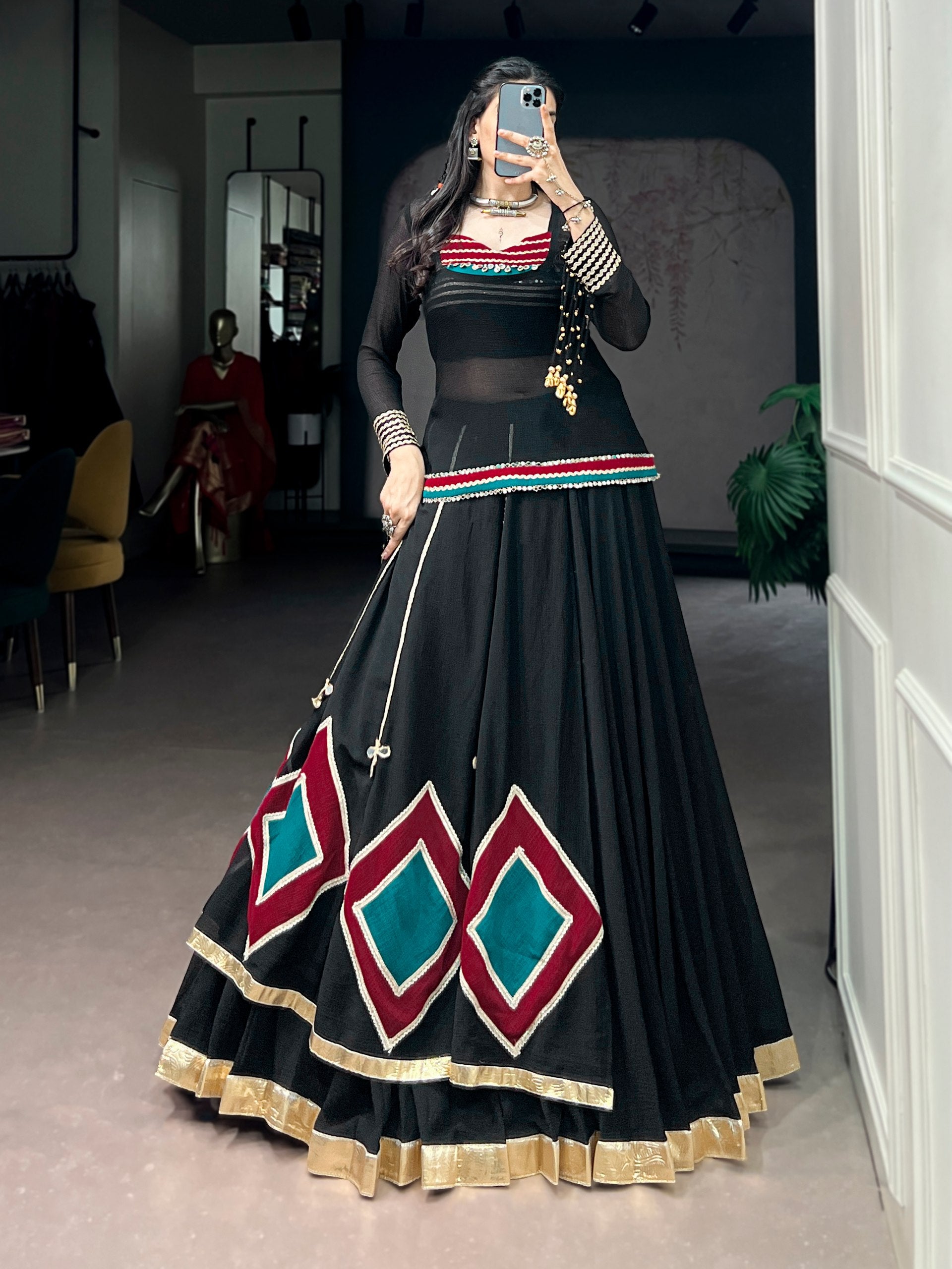 Black Marble Fabric Navratri Lehenga Choli with Tunic