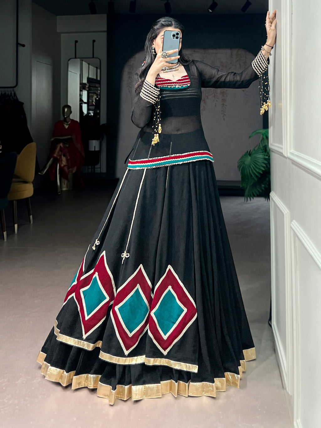 Black Marble Fabric Navratri Lehenga Choli with Tunic