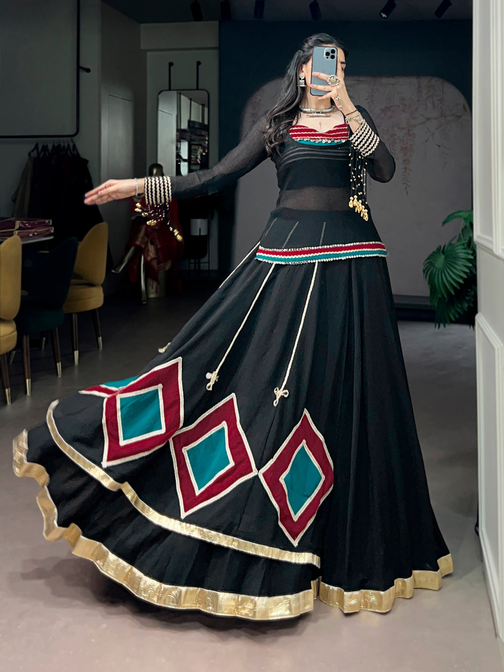 Black Marble Fabric Navratri Lehenga Choli with Tunic