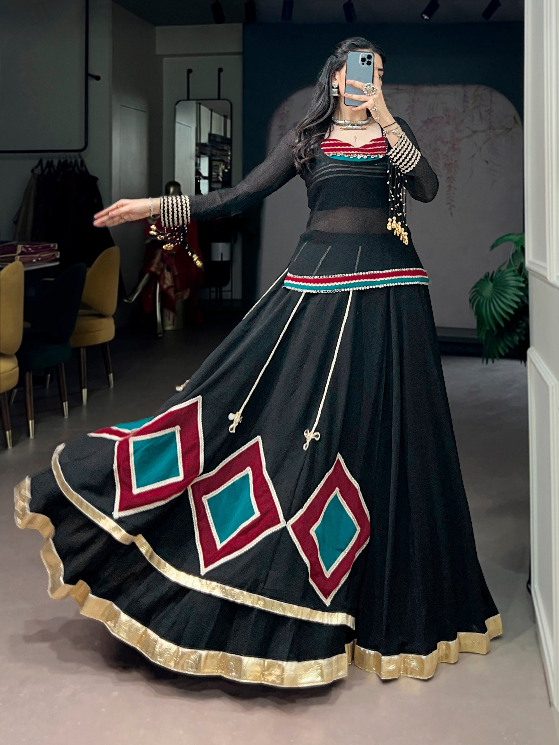 Black Marble Fabric Navratri Lehenga Choli with Tunic