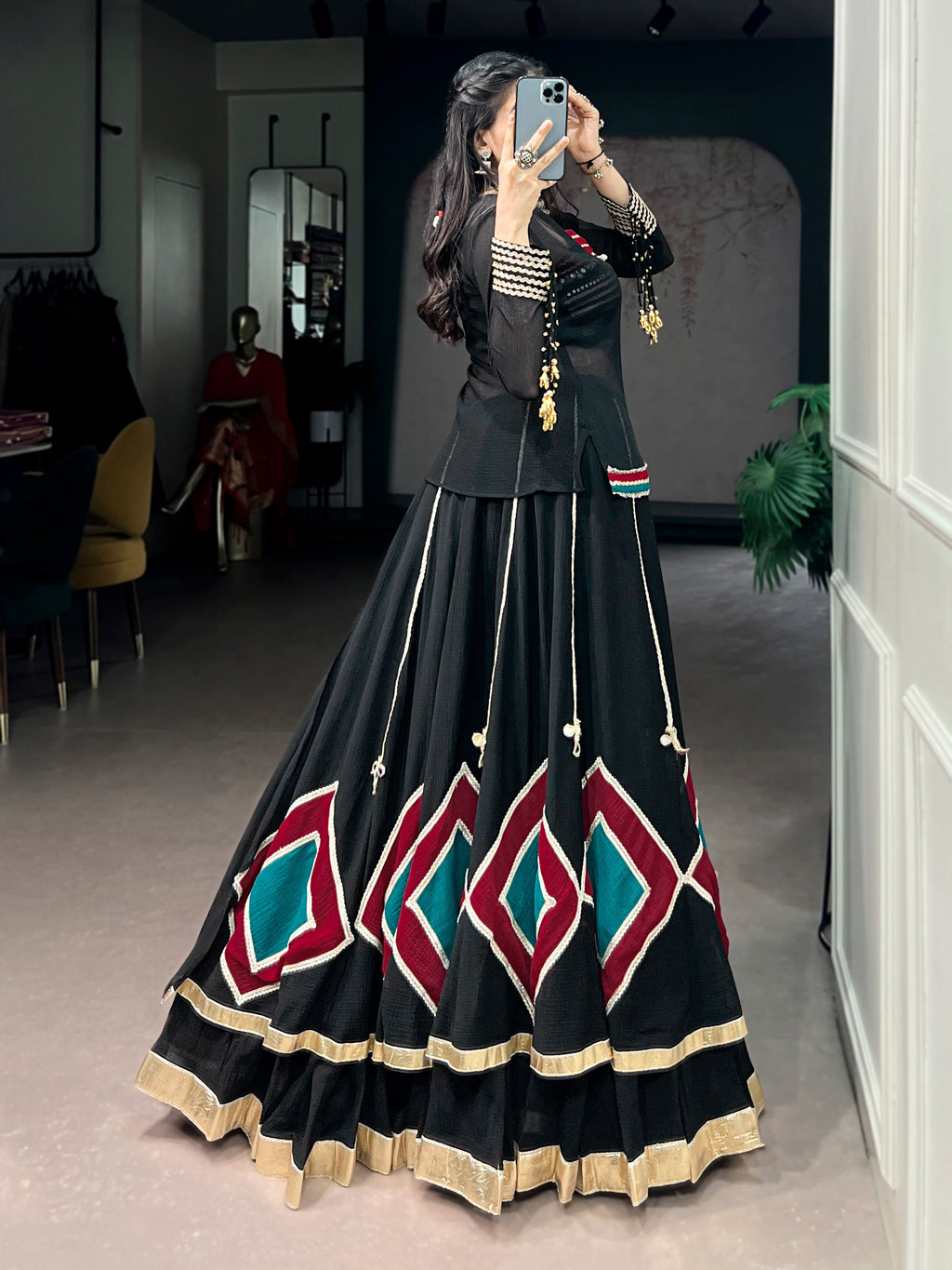 Black Marble Fabric Navratri Lehenga Choli with Tunic