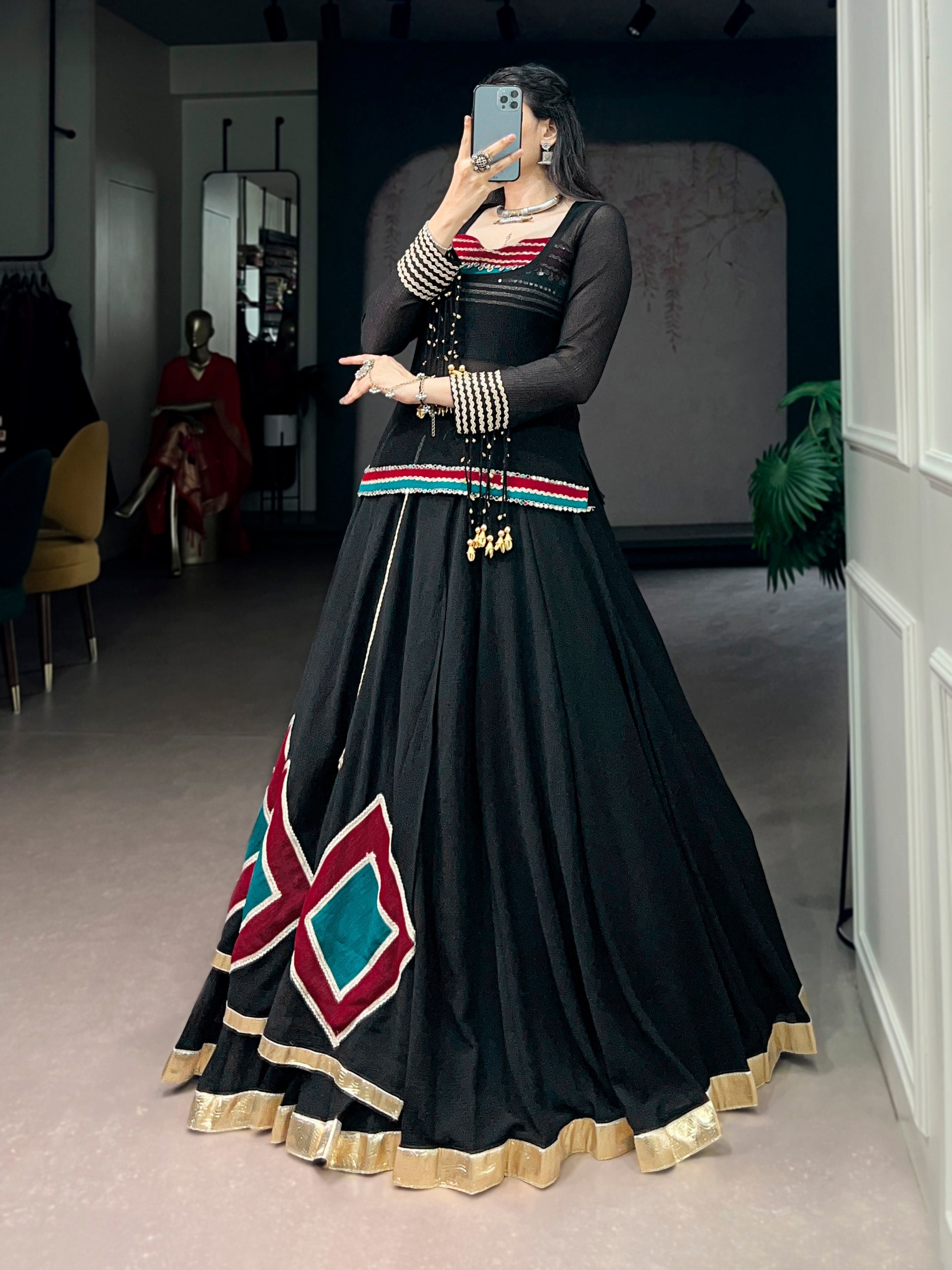 Black Marble Fabric Navratri Lehenga Choli with Tunic