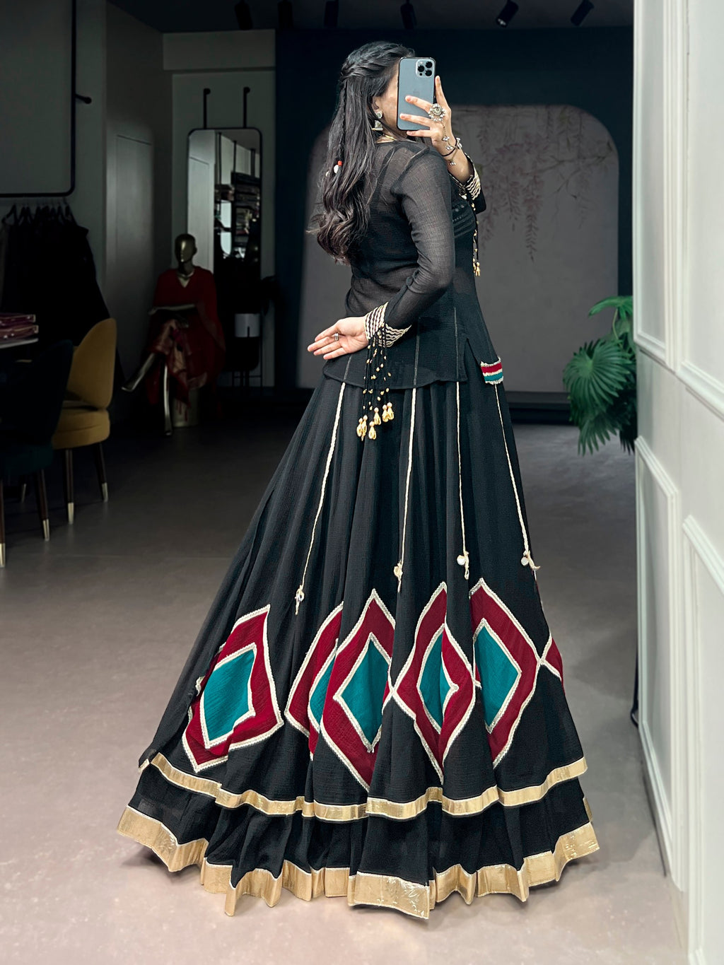Black Marble Fabric Navratri Lehenga Choli with Tunic
