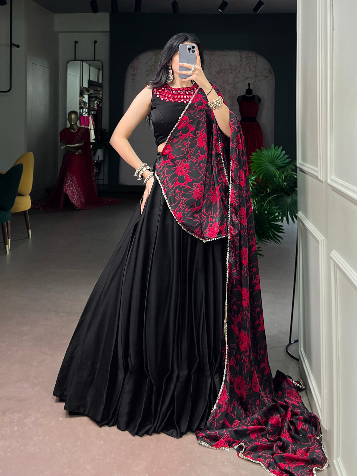 Monga Silk Lehenga Choli with Mirror Work Blouse and Printed Dupatta