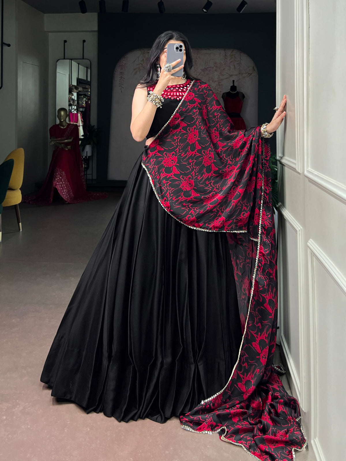Monga Silk Lehenga Choli with Mirror Work Blouse and Printed Dupatta