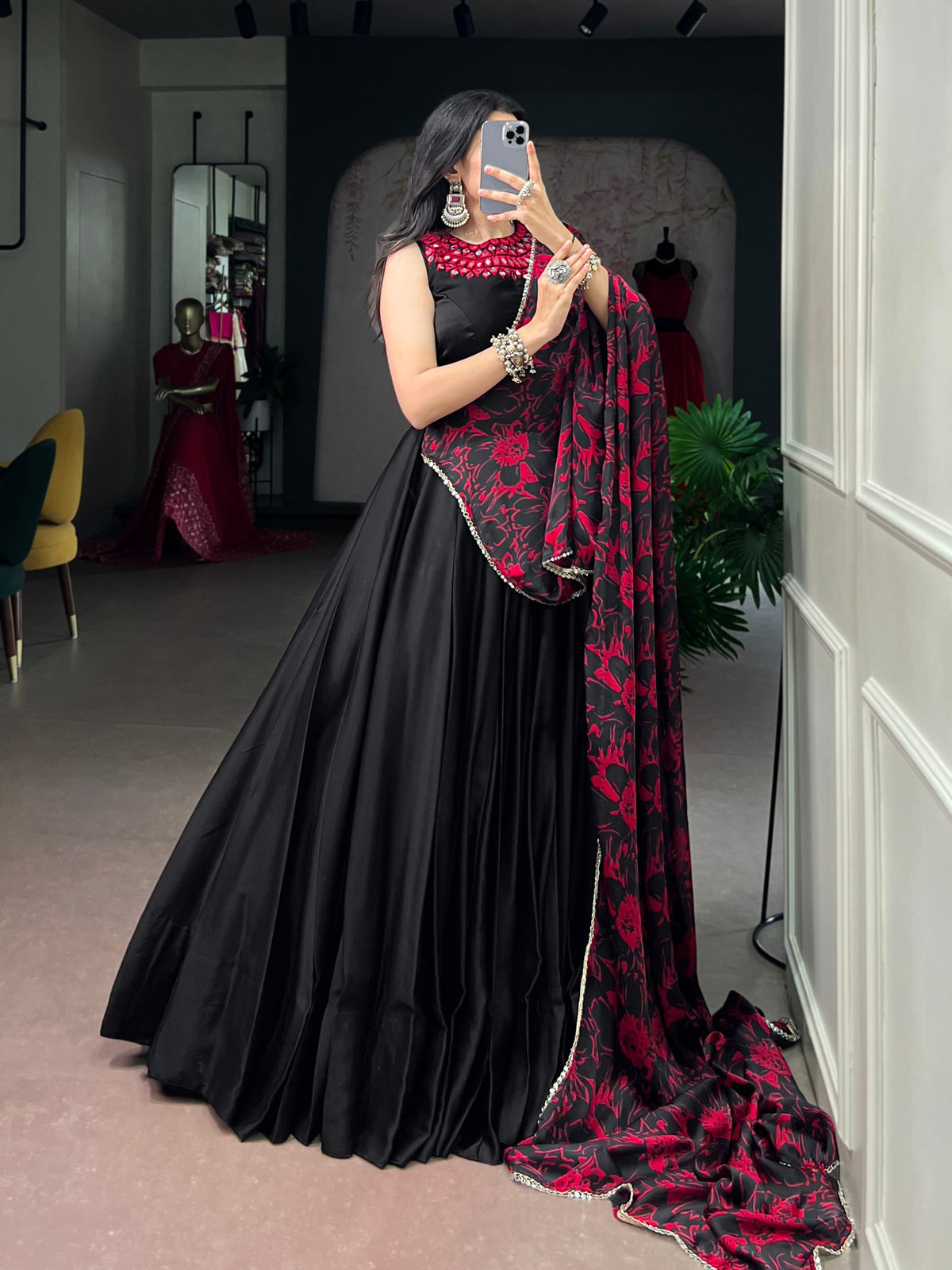 Monga Silk Lehenga Choli with Mirror Work Blouse and Printed Dupatta
