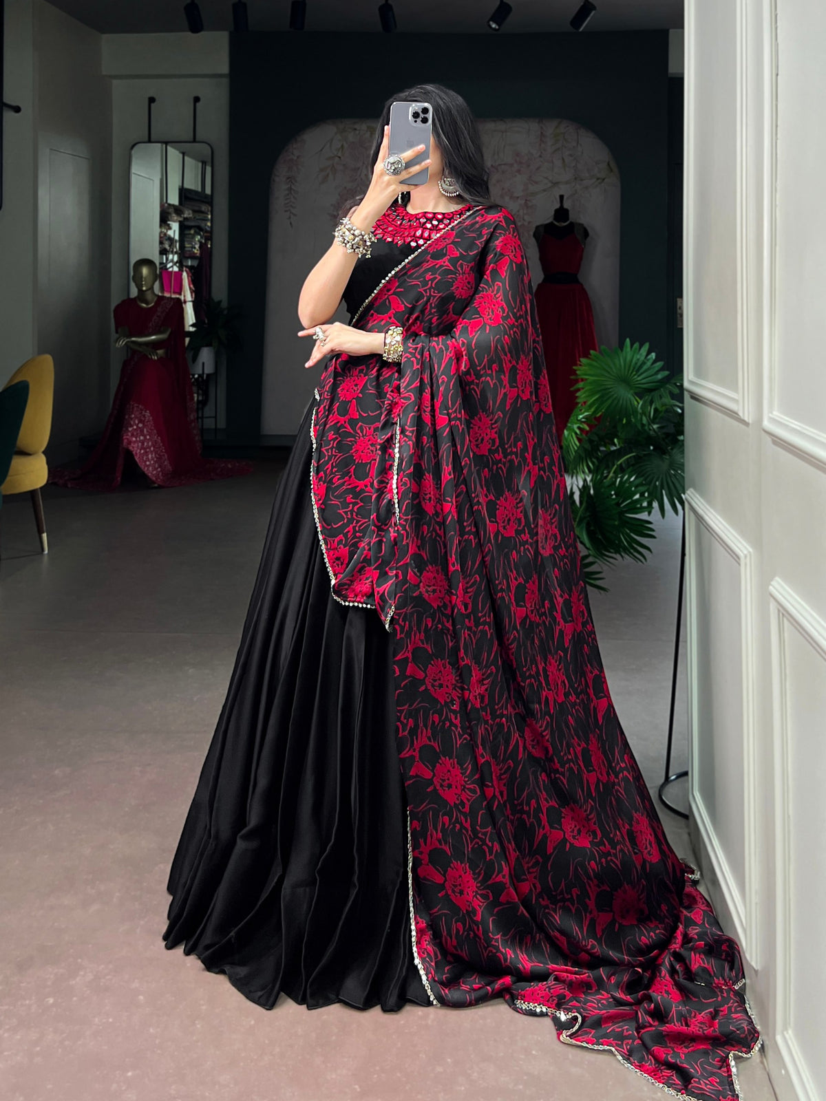 Monga Silk Lehenga Choli with Mirror Work Blouse and Printed Dupatta
