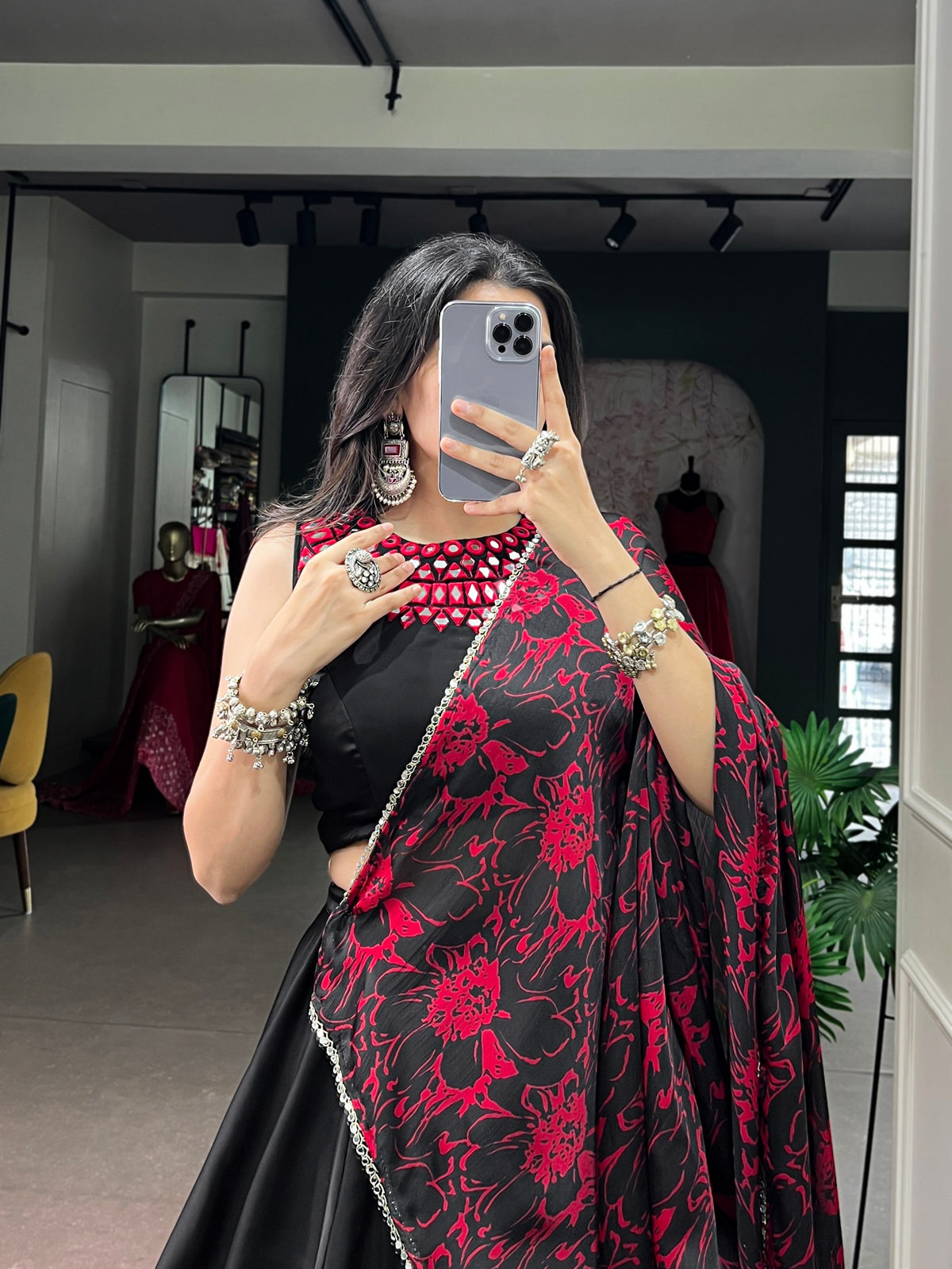 Monga Silk Lehenga Choli with Mirror Work Blouse and Printed Dupatta