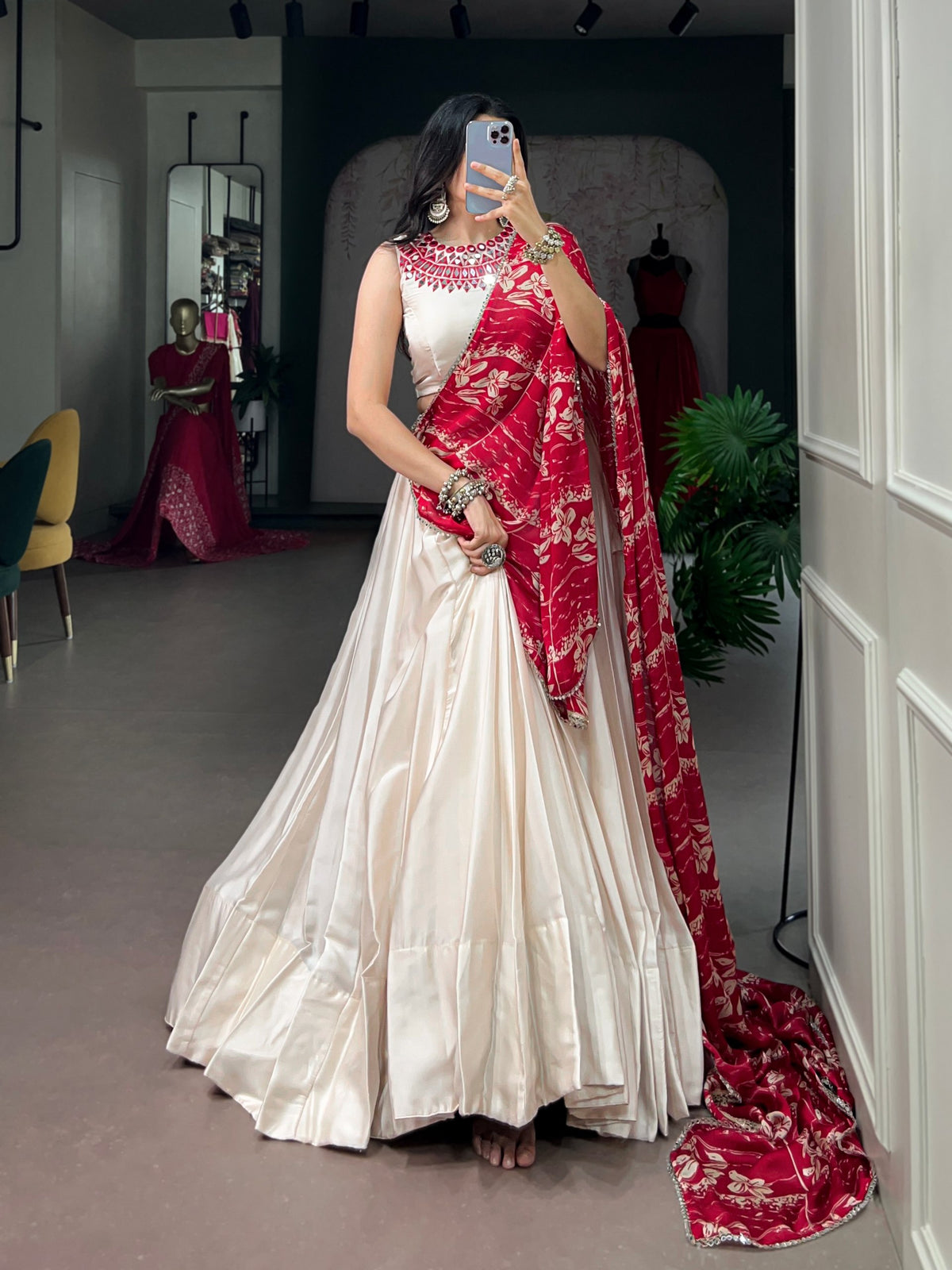 Monga Silk Lehenga Choli with Mirror Work Blouse and Printed Dupatta