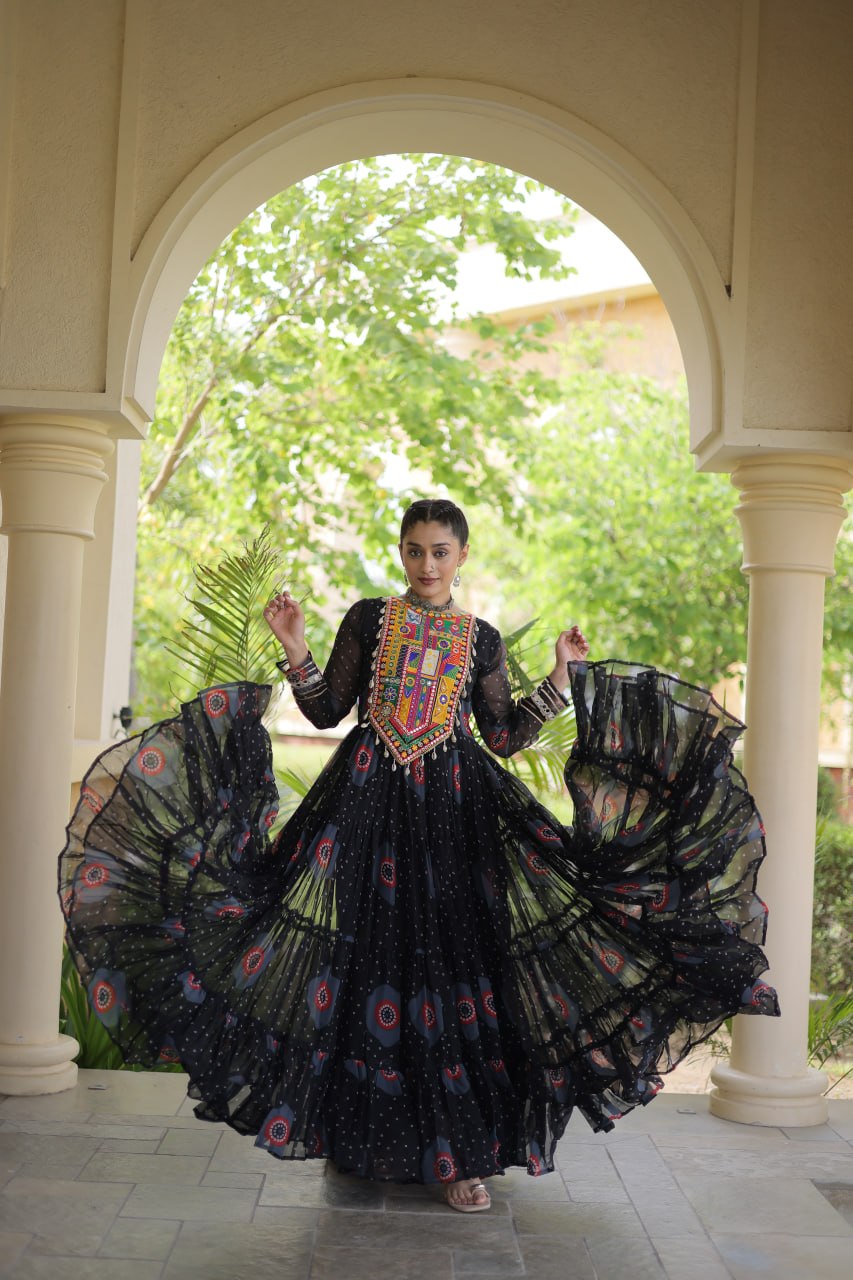 Navratri Special Bandhani Print Gown with Kutchi Patchwork