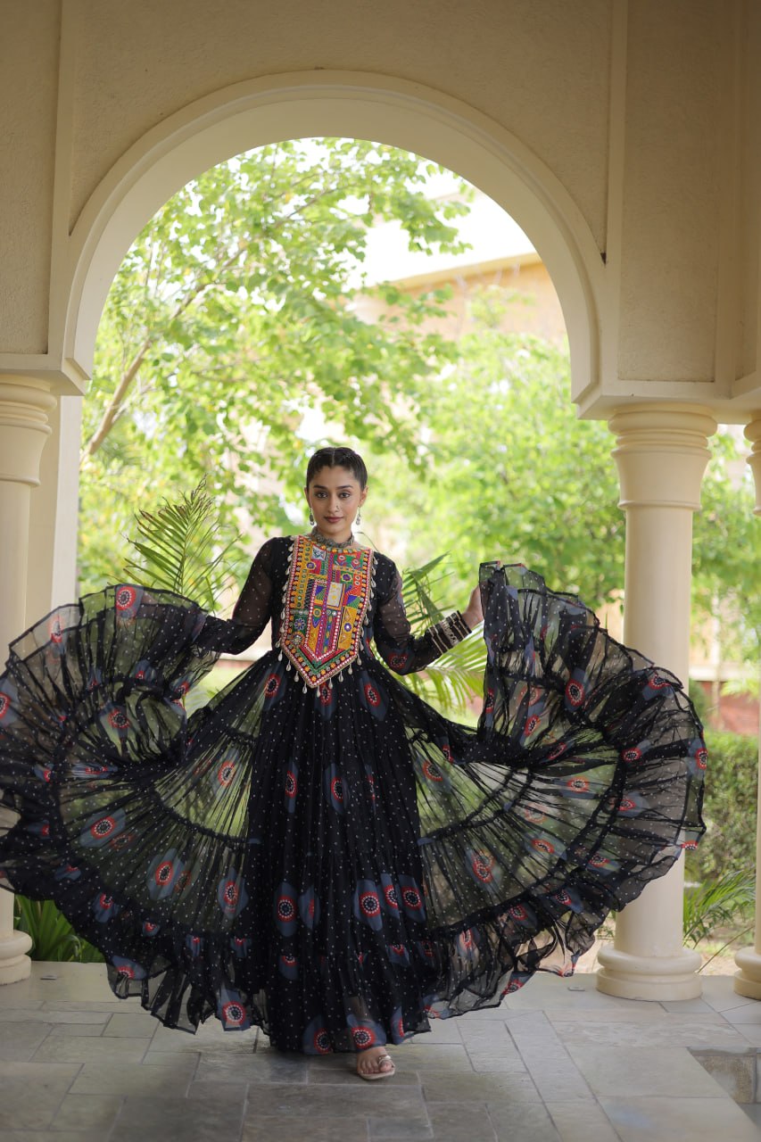 Navratri Special Bandhani Print Gown with Kutchi Patchwork