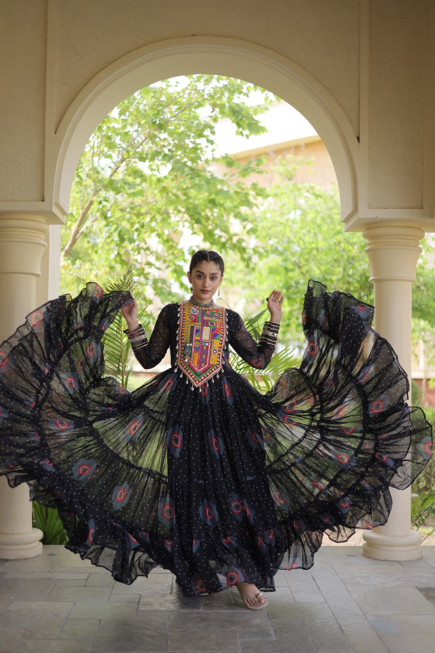 Navratri Special Bandhani Print Gown with Kutchi Patchwork
