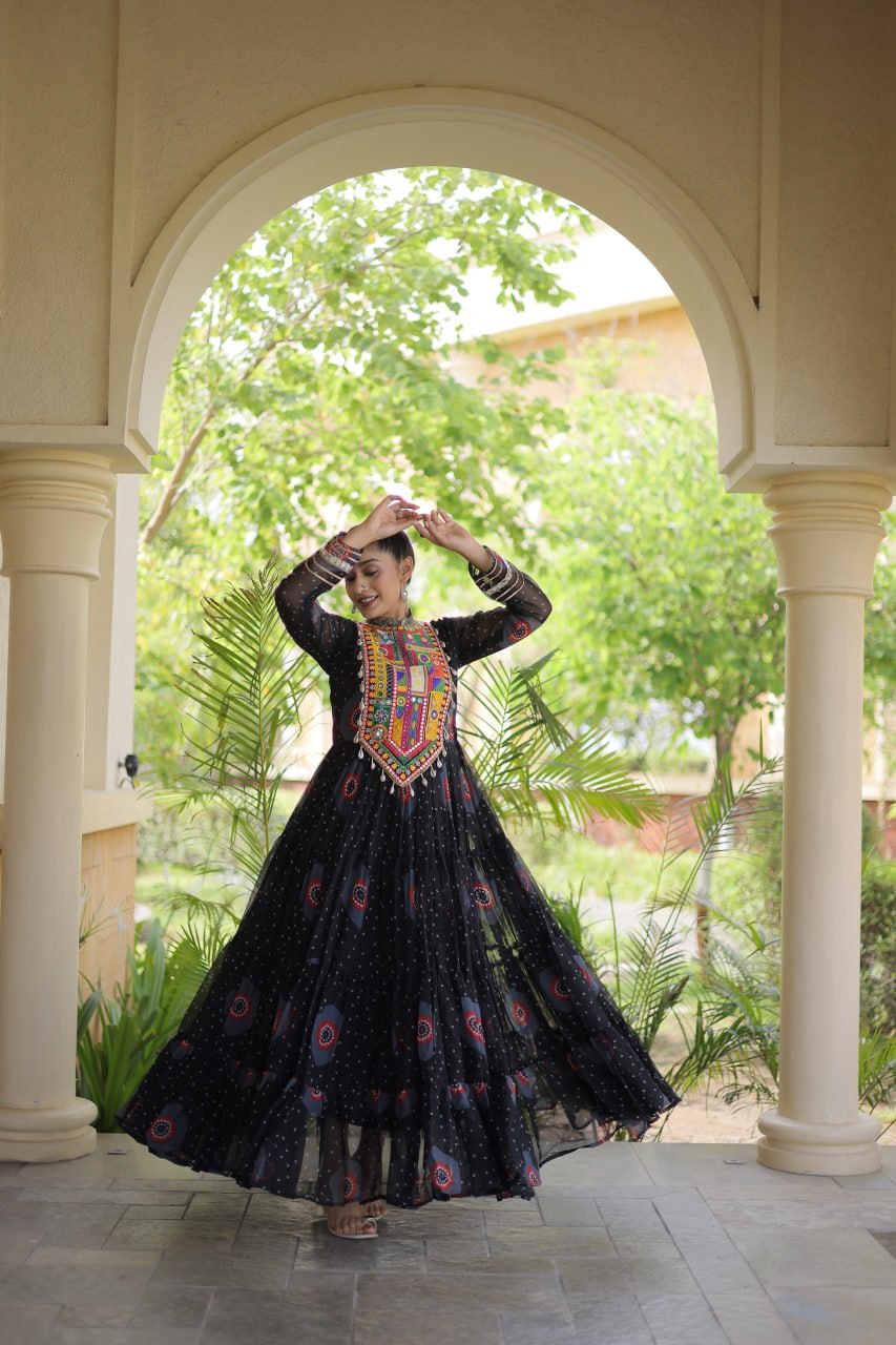 Navratri Special Bandhani Print Gown with Kutchi Patchwork
