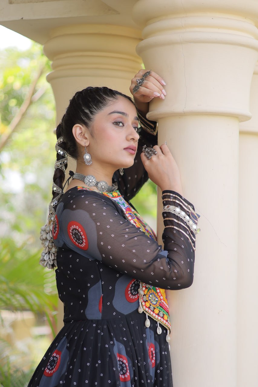 Navratri Special Bandhani Print Gown with Kutchi Patchwork