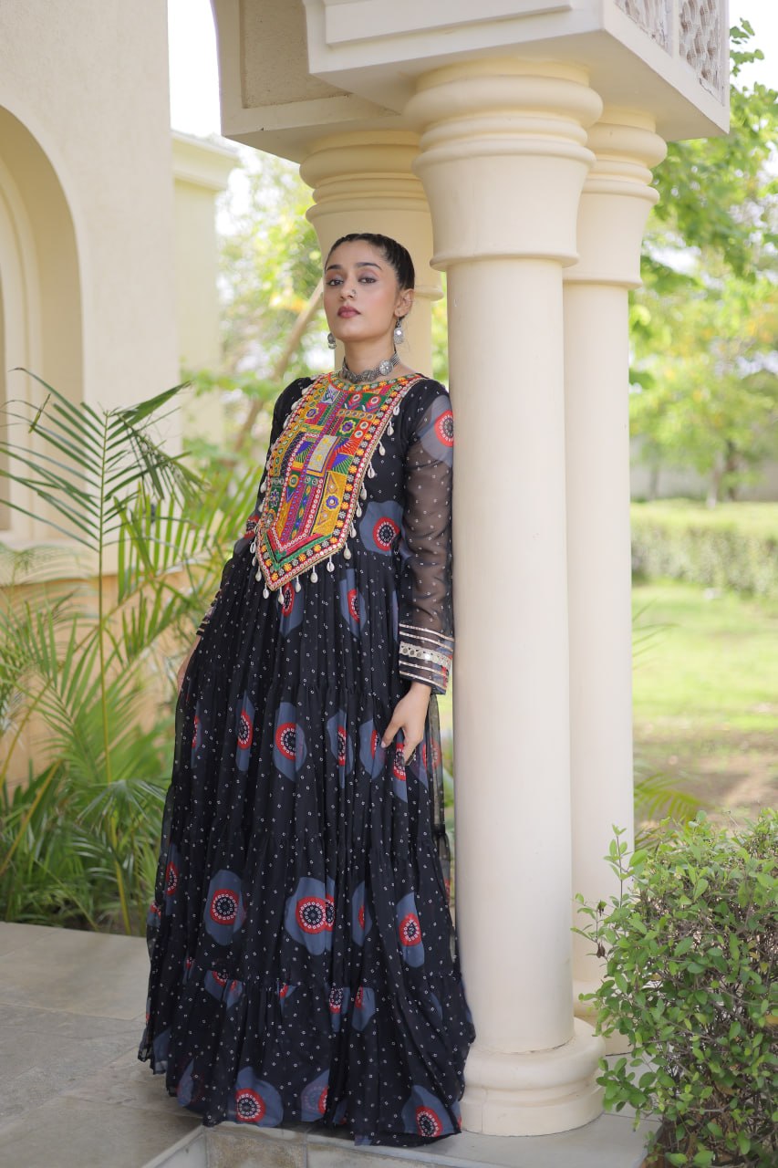 Navratri Special Bandhani Print Gown with Kutchi Patchwork
